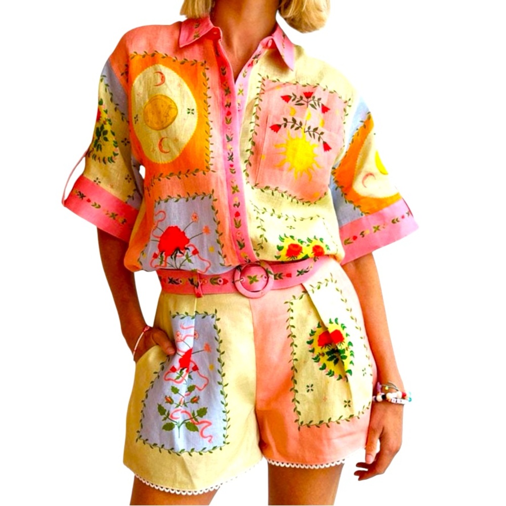 Patchwork Print Linen Short Sleeve Shirt & Shorts Set with Belt & Pockets